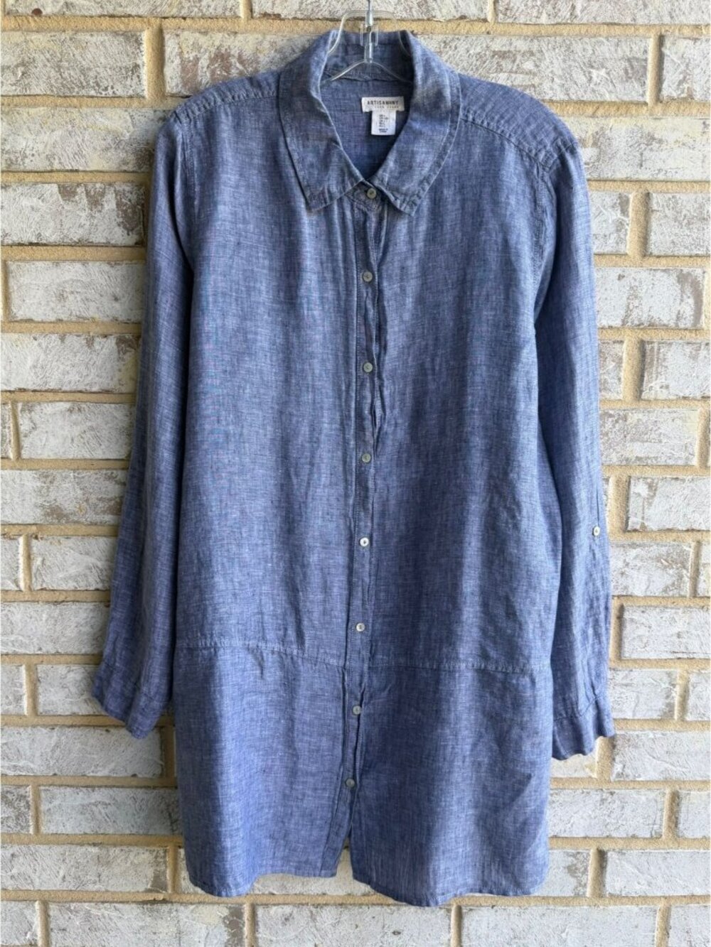 Artisan NY 100% Linen Long Sleeve Button Up Collared Blue Shirt Women's Size L